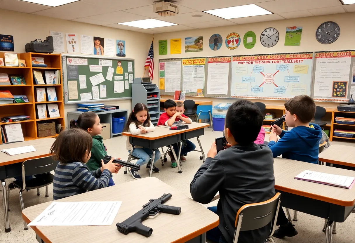Students participating in a gun safety lesson in a classroom