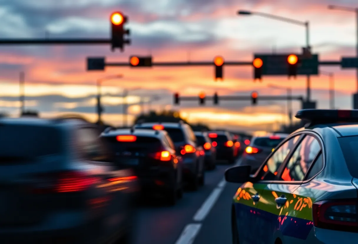 Intersection in Memphis with police car and traffic lights