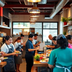 Interior of a bustling Memphis restaurant with happy staff and customers