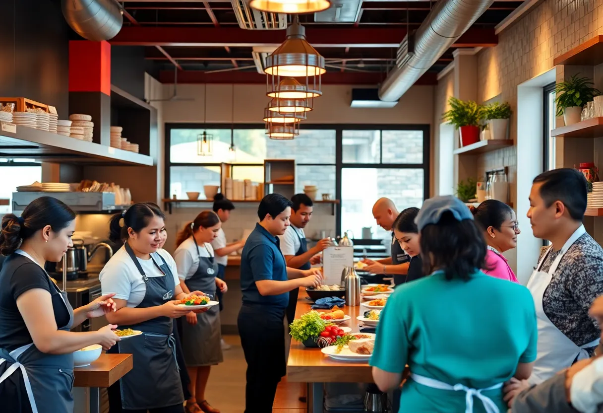 Interior of a bustling Memphis restaurant with happy staff and customers