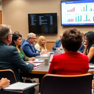 Educators discussing school proposals during a meeting.