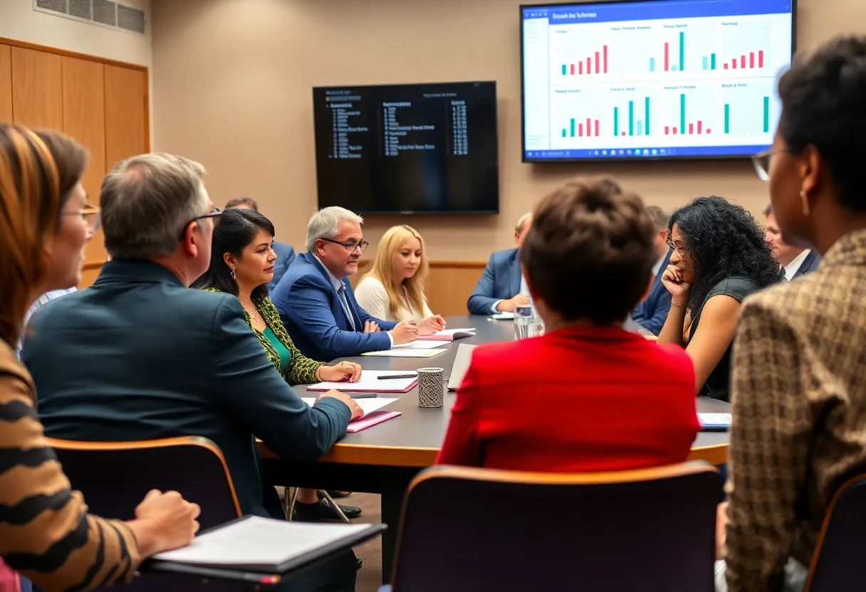 Educators discussing school proposals during a meeting.