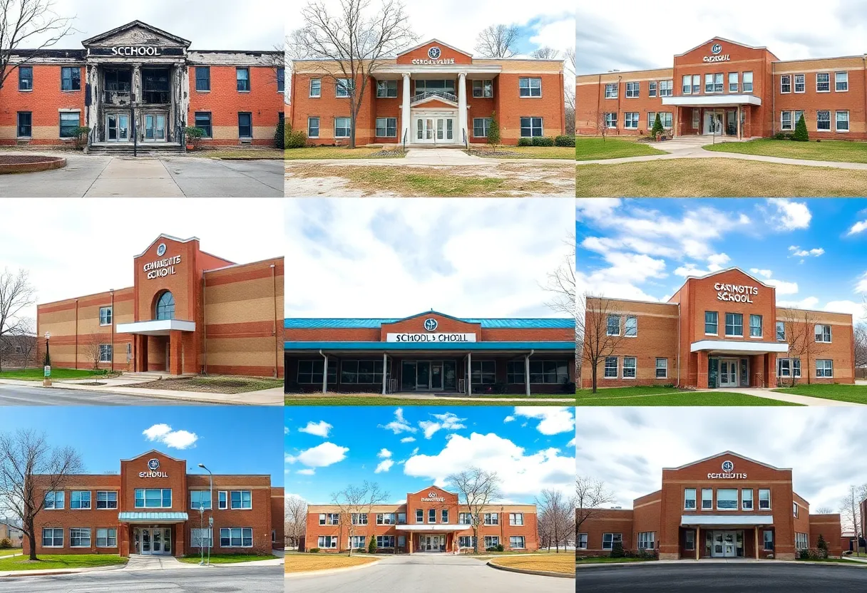 Various school buildings in Memphis depicting maintenance needs and conditions.