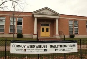 Exterior view of a Memphis school with notices regarding proposed closures.