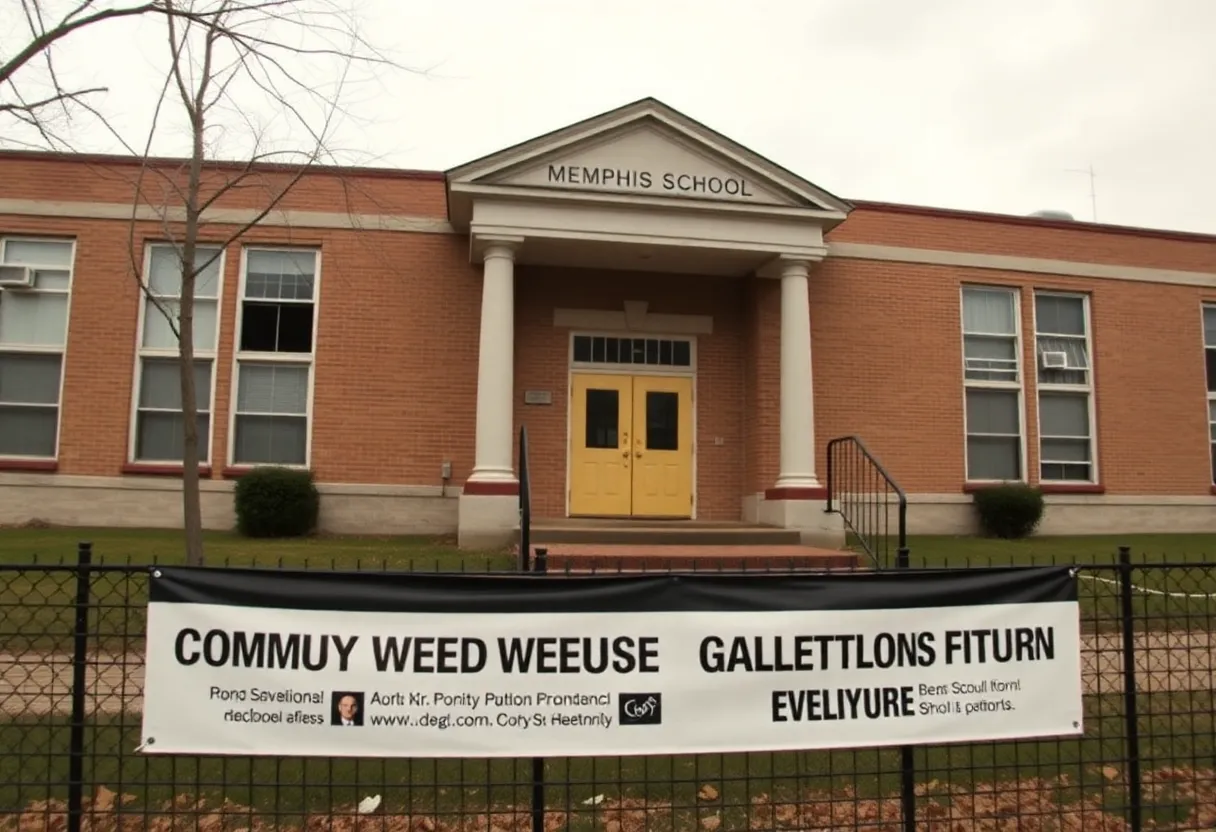 Exterior view of a Memphis school with notices regarding proposed closures.