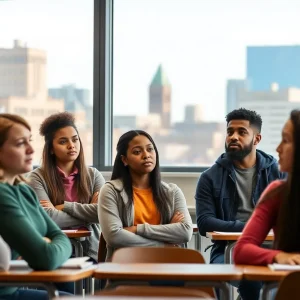 Students discussing education reform in a classroom with Memphis landmarks in the background.
