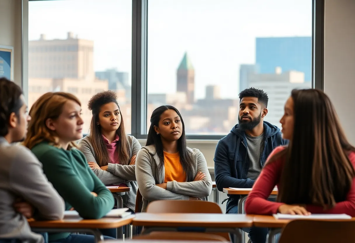 Students discussing education reform in a classroom with Memphis landmarks in the background.