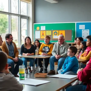 Parents and community members discussing safety issues at a school meeting.