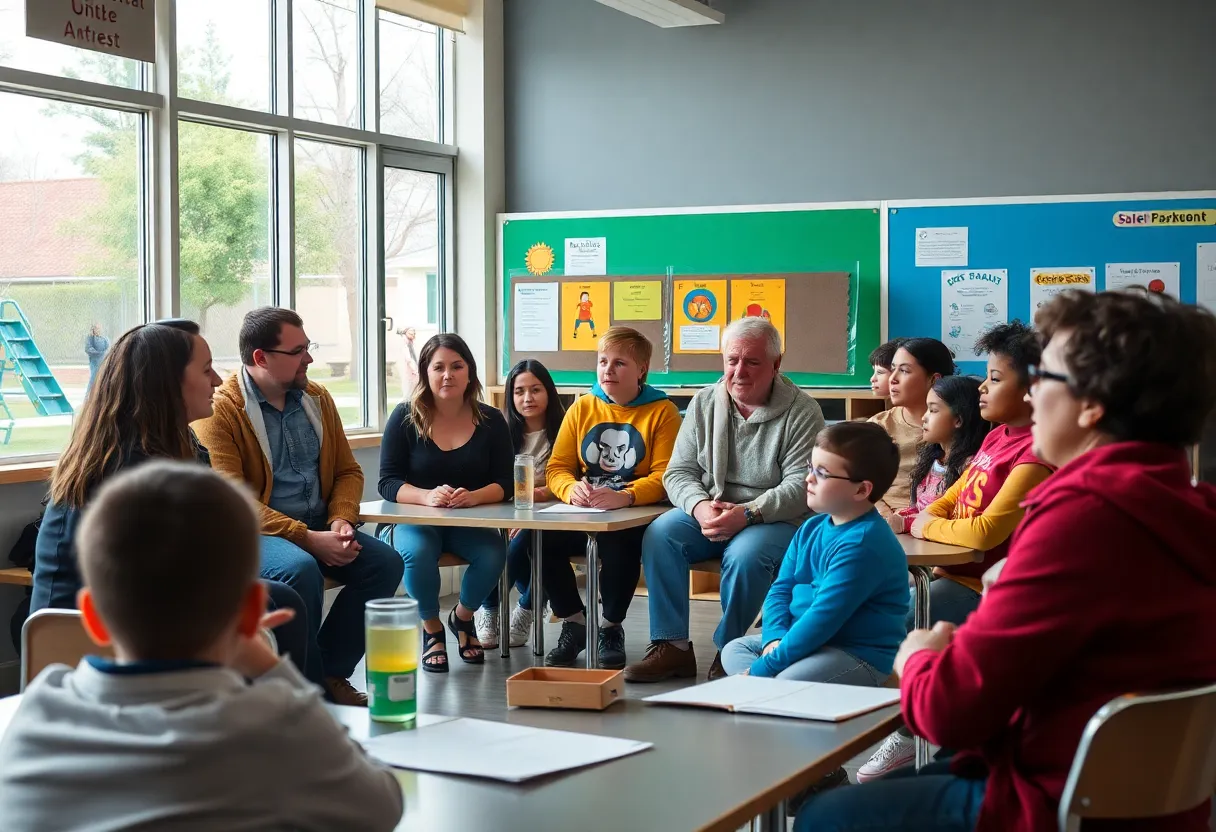 Parents and community members discussing safety issues at a school meeting.