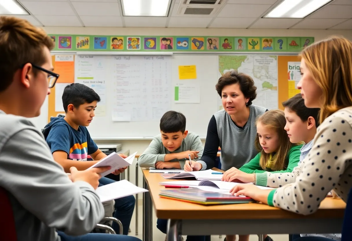 Classroom scene with students participating in reading and math activities.