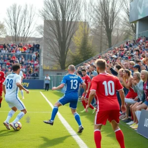 Soccer players in action during Memphis University season kickoff event