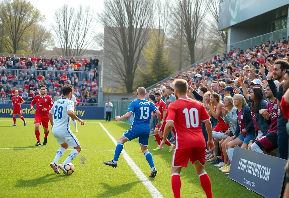 Soccer players in action during Memphis University season kickoff event