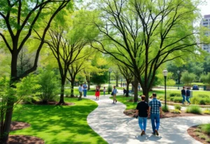 A scenic view of a green park in Memphis filled with people enjoying nature.
