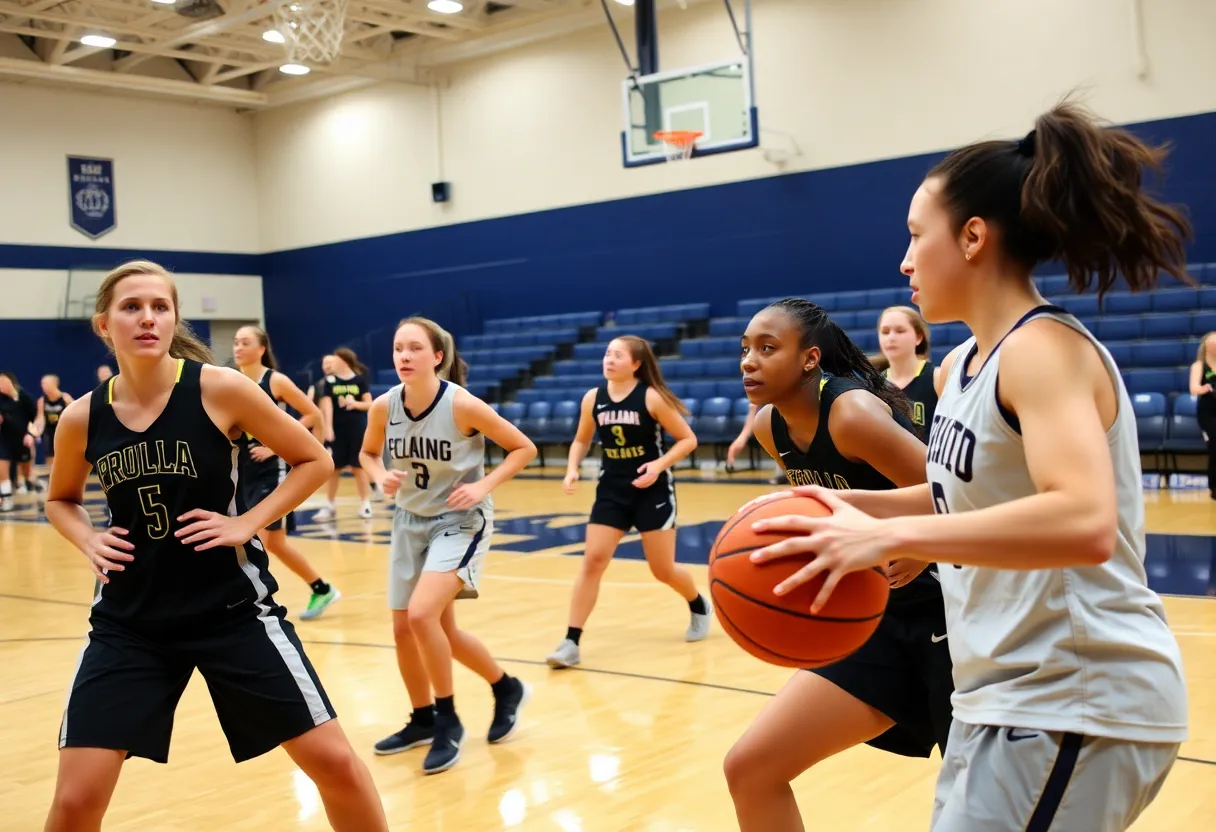 Memphis women's basketball team practicing in a gym