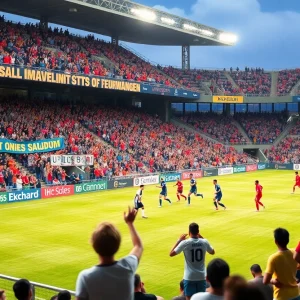 Exciting scene from the Memphis women's soccer match with fans and players.