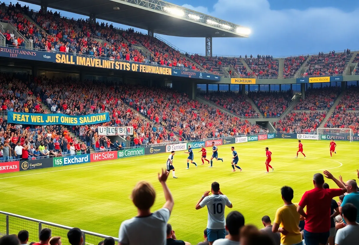 Exciting scene from the Memphis women's soccer match with fans and players.