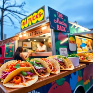 A vibrant taco truck displaying a variety of tacos in Memphis.