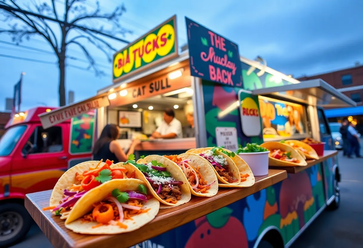 A vibrant taco truck displaying a variety of tacos in Memphis.