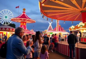 Families enjoying rides and food at the Mid-South Fair