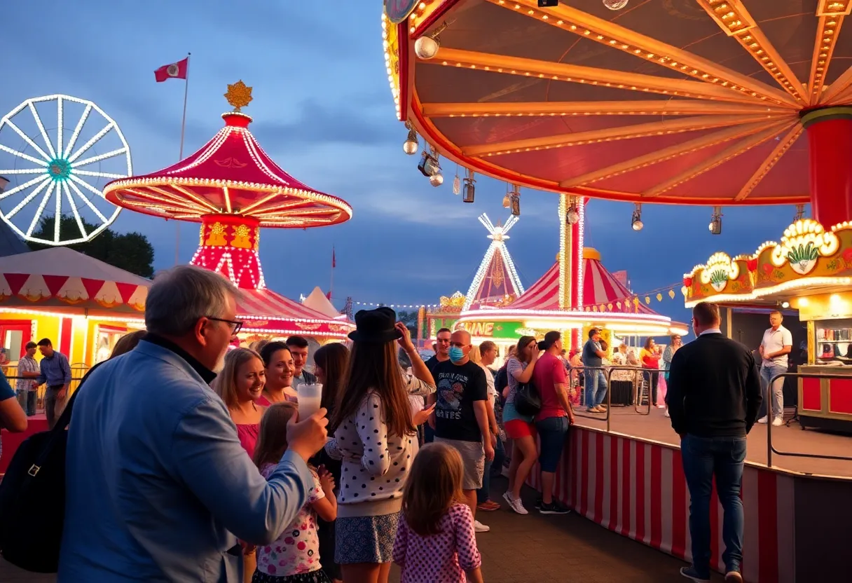 Families enjoying rides and food at the Mid-South Fair