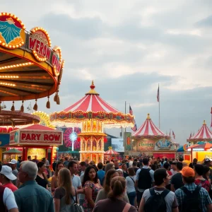 People enjoying the Mid-South Fair with rides and attractions in the background