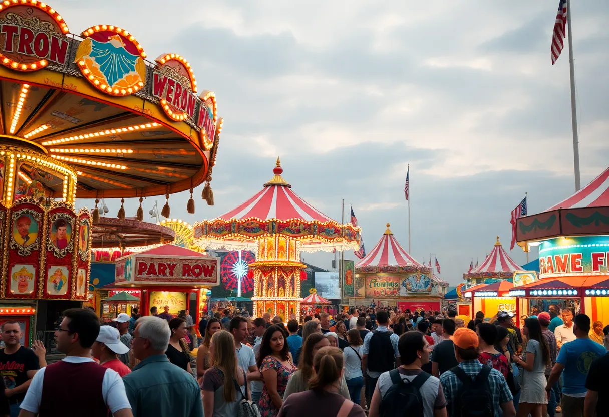People enjoying the Mid-South Fair with rides and attractions in the background
