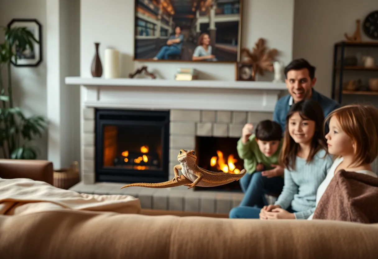 Australian knob-tailed gecko on a mantel in a living room