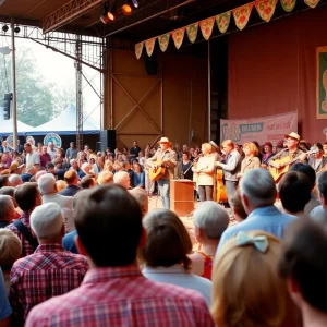 A lively crowd at the Newport Folk Festival in the 1960s watching performances.