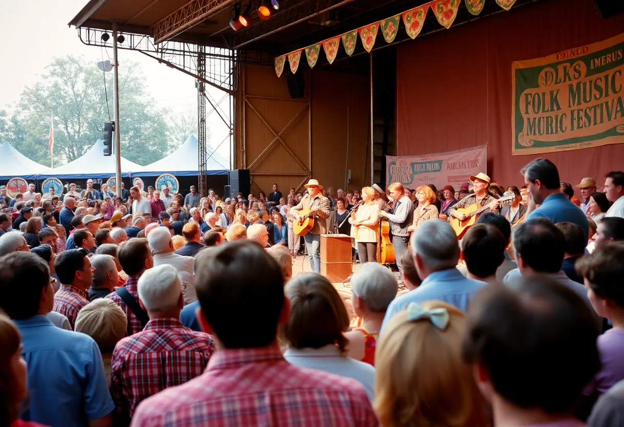 A lively crowd at the Newport Folk Festival in the 1960s watching performances.