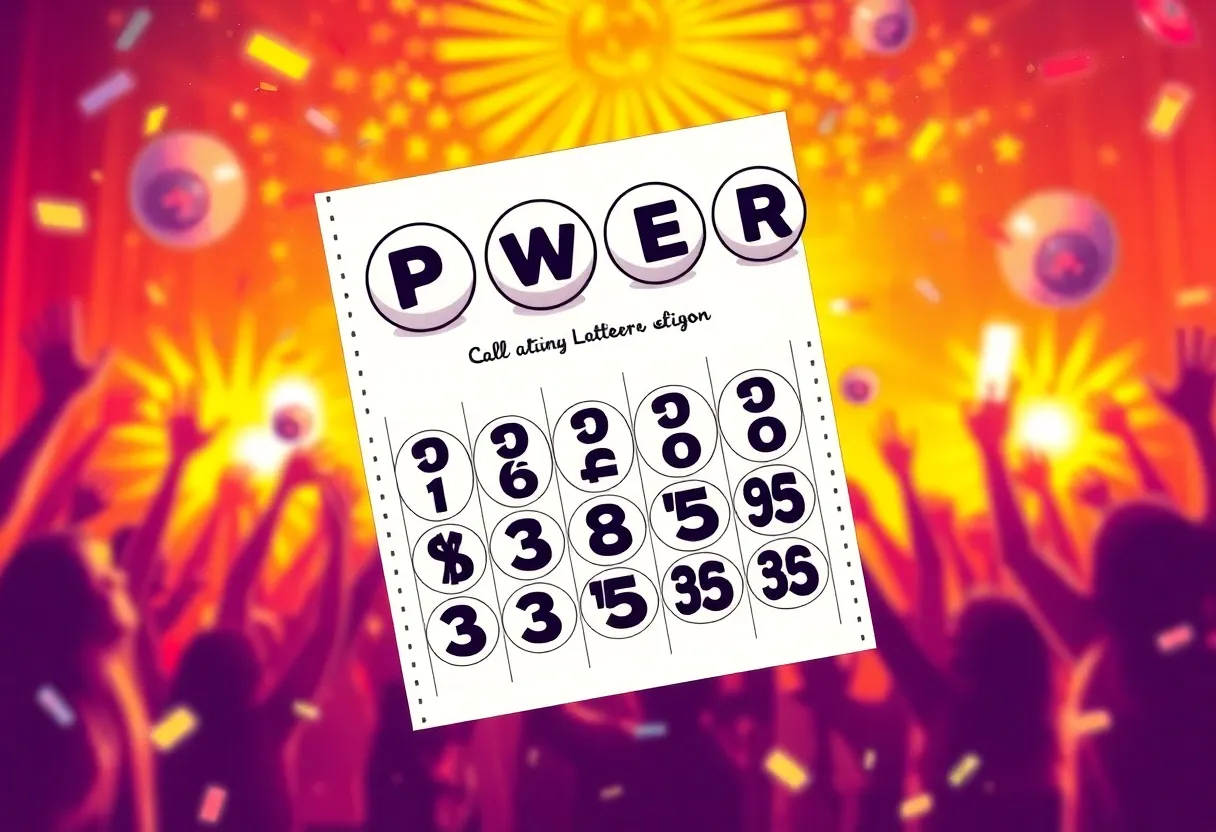 Illustration of a Powerball lottery ticket celebrating winning.