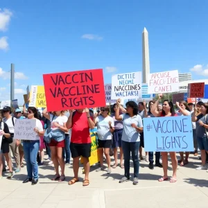 A rally advocating for vaccine rights in Florida with diverse participants.