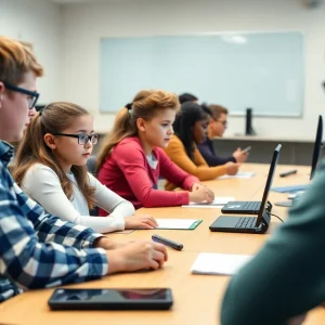 A classroom environment at Ridgeway High School showing students engaged with their devices responsibly.