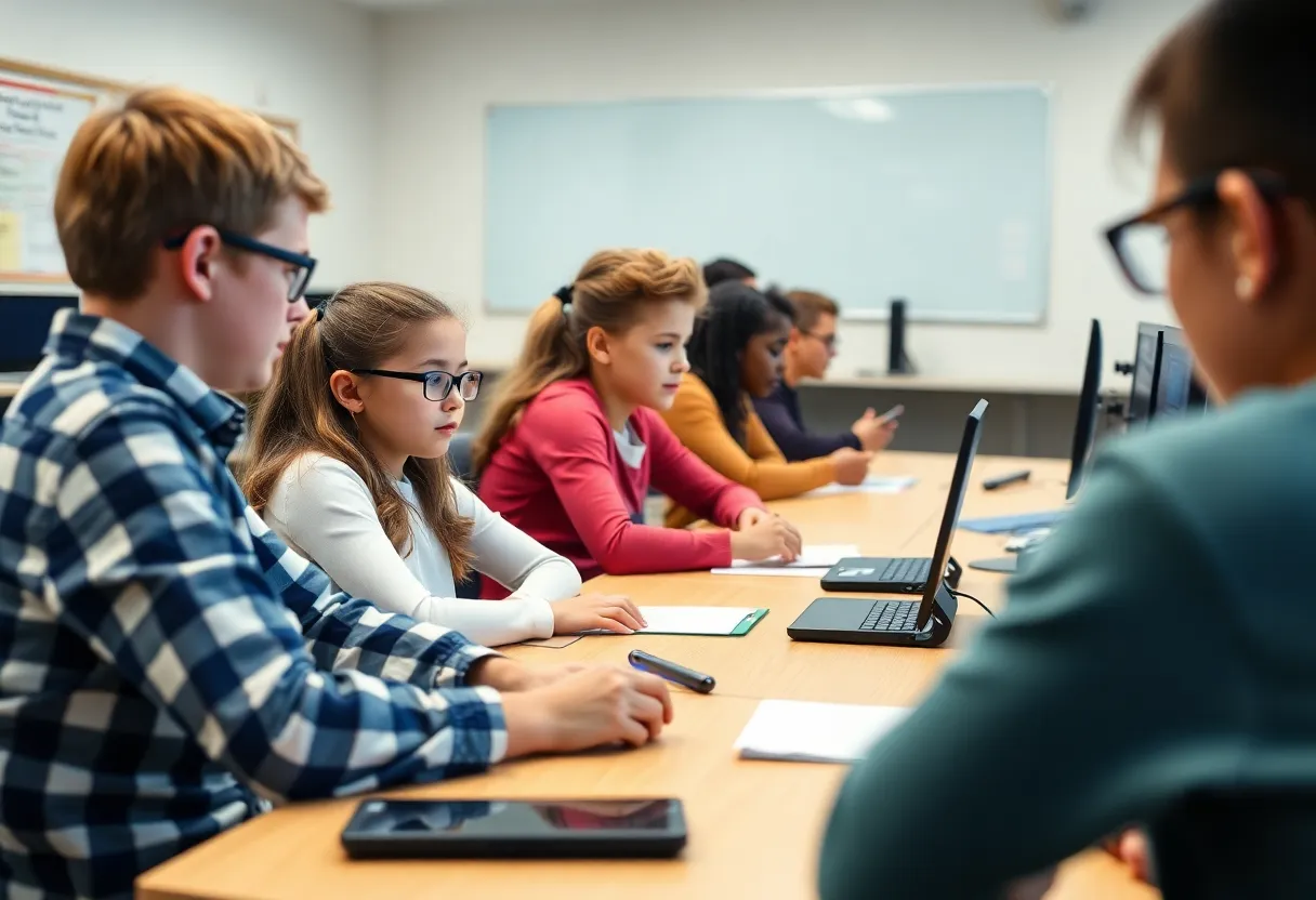 A classroom environment at Ridgeway High School showing students engaged with their devices responsibly.