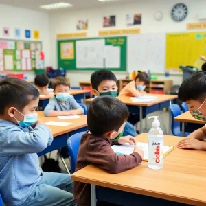 Students practicing health measures in a classroom to prevent disease spread