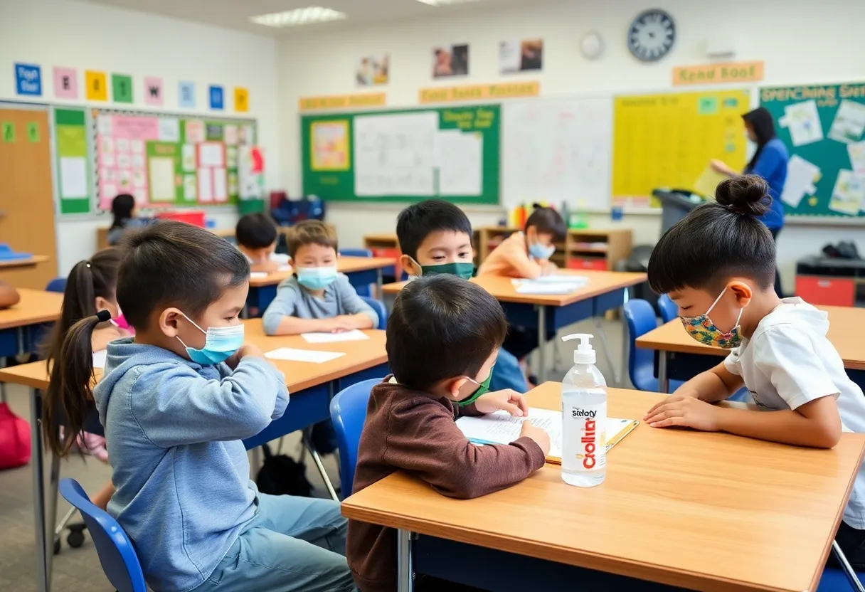 Students practicing health measures in a classroom to prevent disease spread