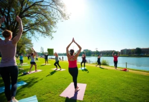 Community members engaging in outdoor fitness classes along the Memphis riverfront during spring.