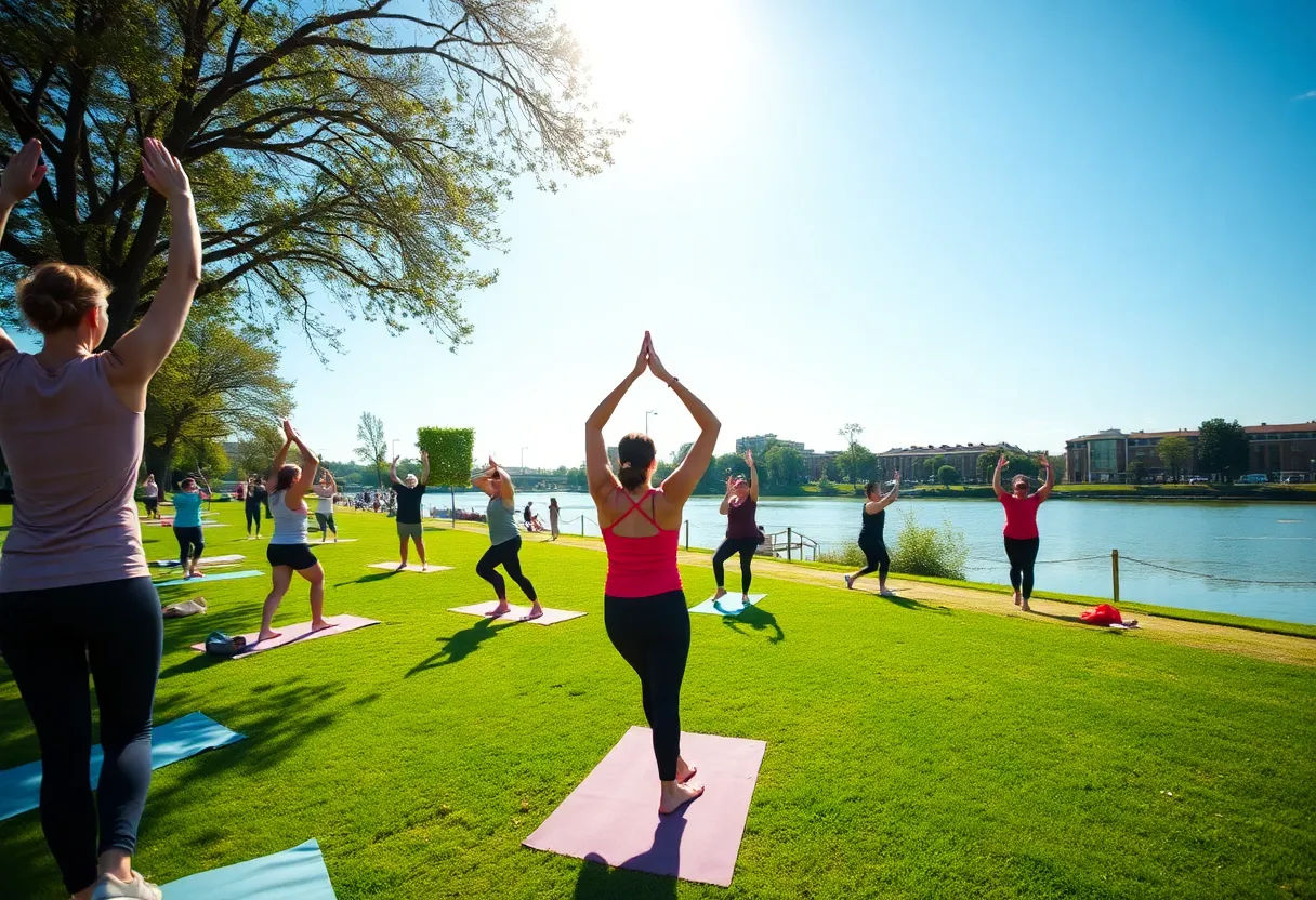 Community members engaging in outdoor fitness classes along the Memphis riverfront during spring.