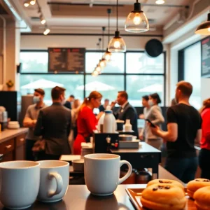 A lively Starbucks coffee shop with baristas and customers enjoying their drinks