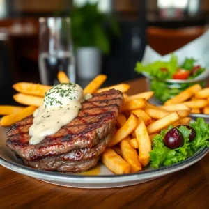 Steak Frites with blue cheese butter served with salad and fries