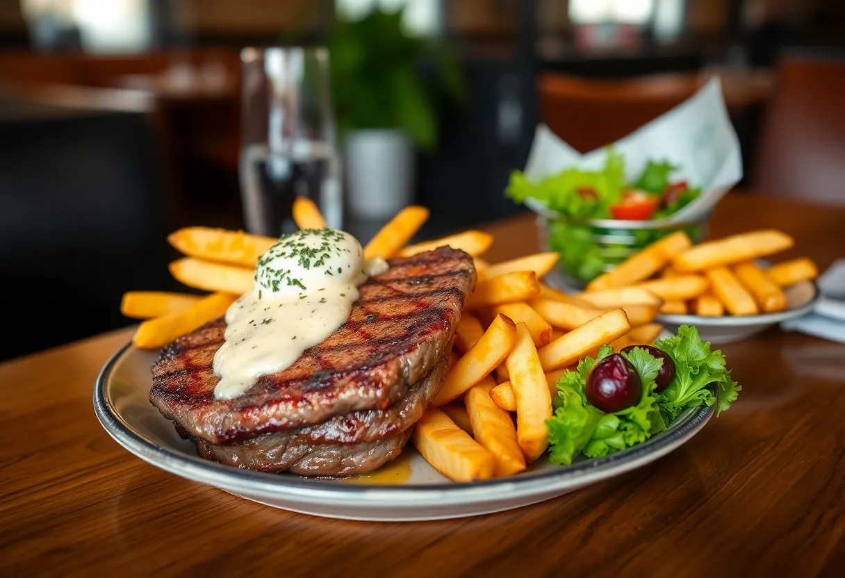 Steak Frites with blue cheese butter served with salad and fries