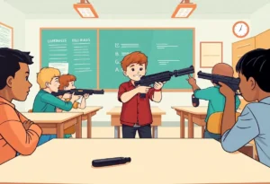 Classroom scene depicting students engaged in firearm safety education.