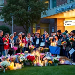 Community gathering outside hospital for Les Smith