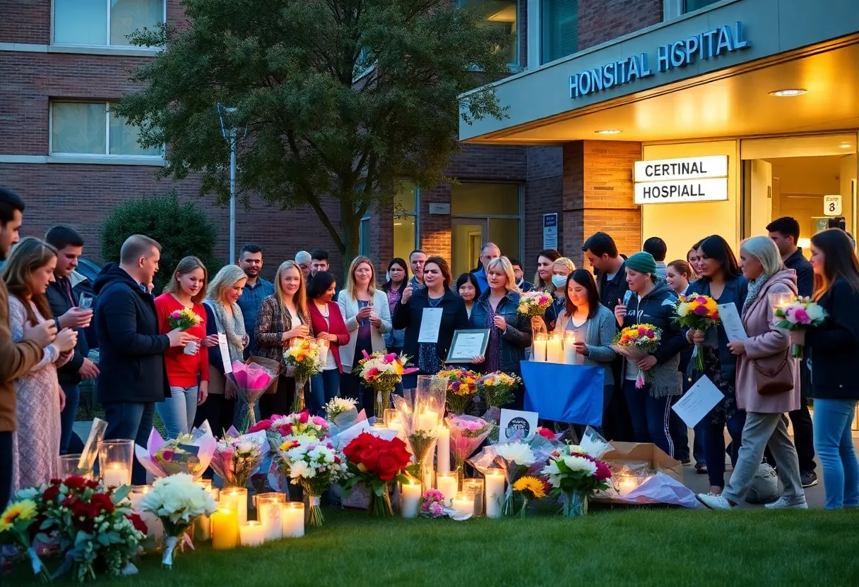 Community gathering outside hospital for Les Smith
