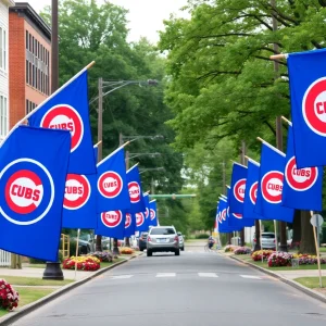 Chicago Cubs flags lining a street in East Memphis honoring Todd Dixon
