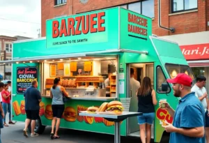 Tops Bar-B-Q & Burgers food truck parked in Memphis with customers enjoying food.