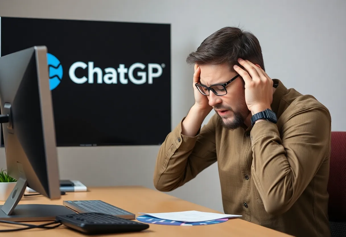 Person troubleshooting computer issues related to ChatGPT outages