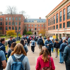 Campus of the University of Memphis showing students and academic buildings