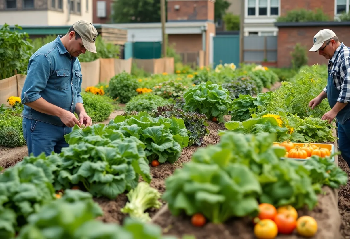 Veterans tending to an urban farm with fresh produce