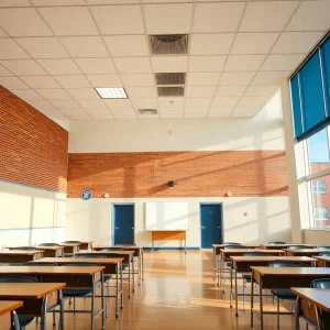 Empty classroom in a West Memphis school highlighting declining enrollment.