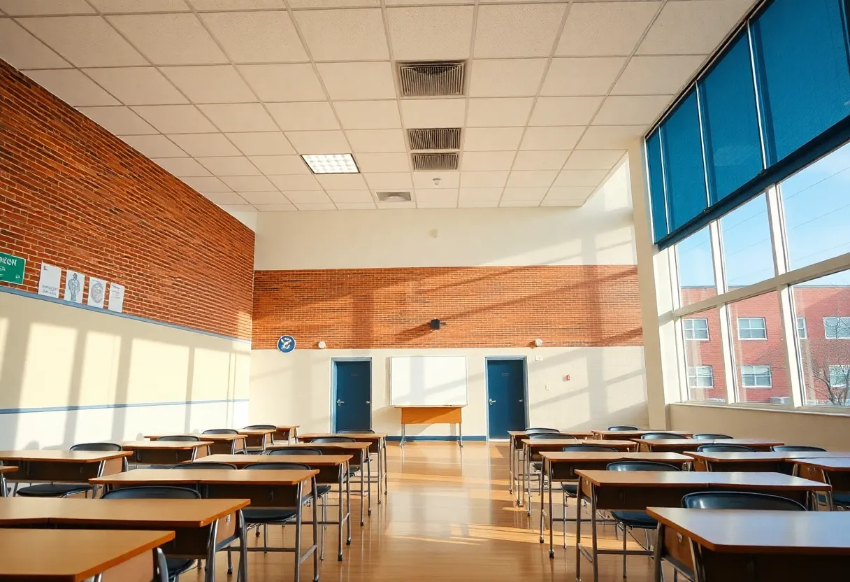 Empty classroom in a West Memphis school highlighting declining enrollment.